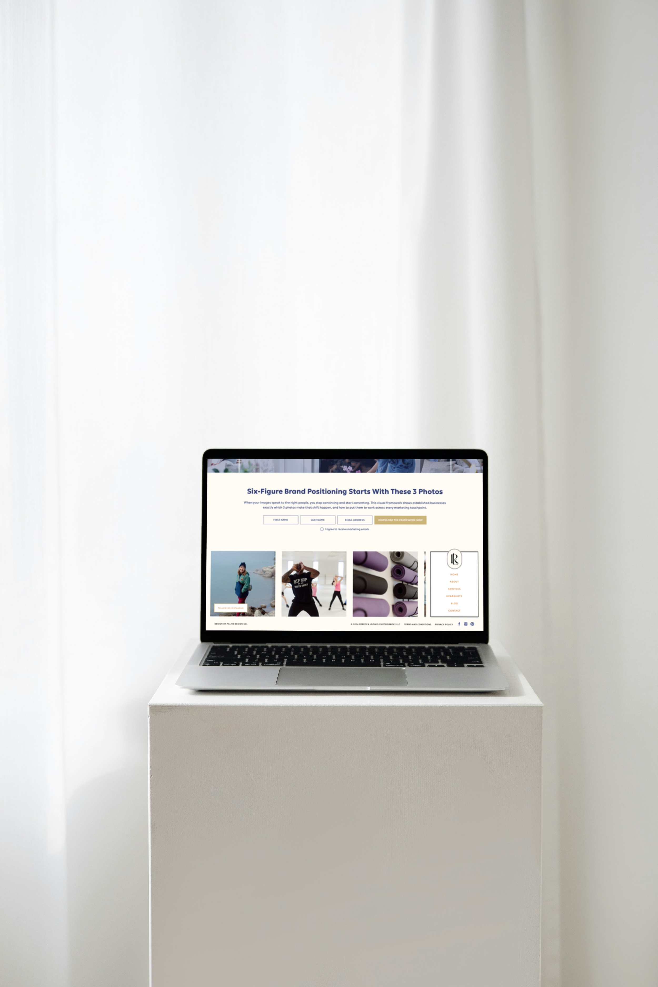 A laptop on a white pedestal displays Rebecca Loomis Photography's free framework: 'Six-Figure Brand Positioning Starts With These 3 Photos.