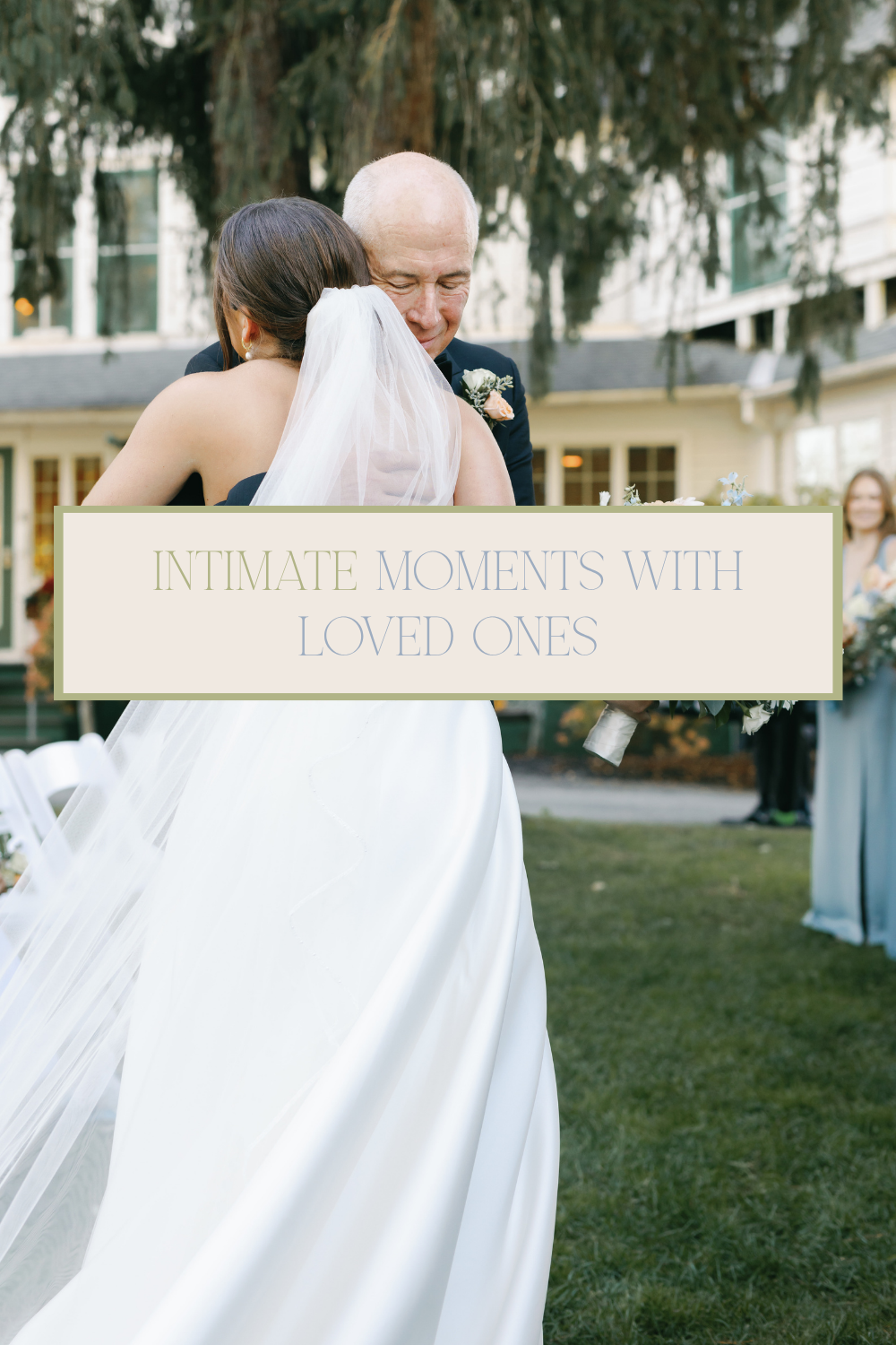 A Saratoga Springs bride embraces an older family member outdoors, with text overlay: 'Intimate Moments With Loved Ones.