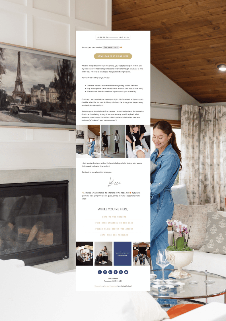 Rebecca Loomis Photography's welcome email sequence, featuring brand photography tips for entrepreneurs.