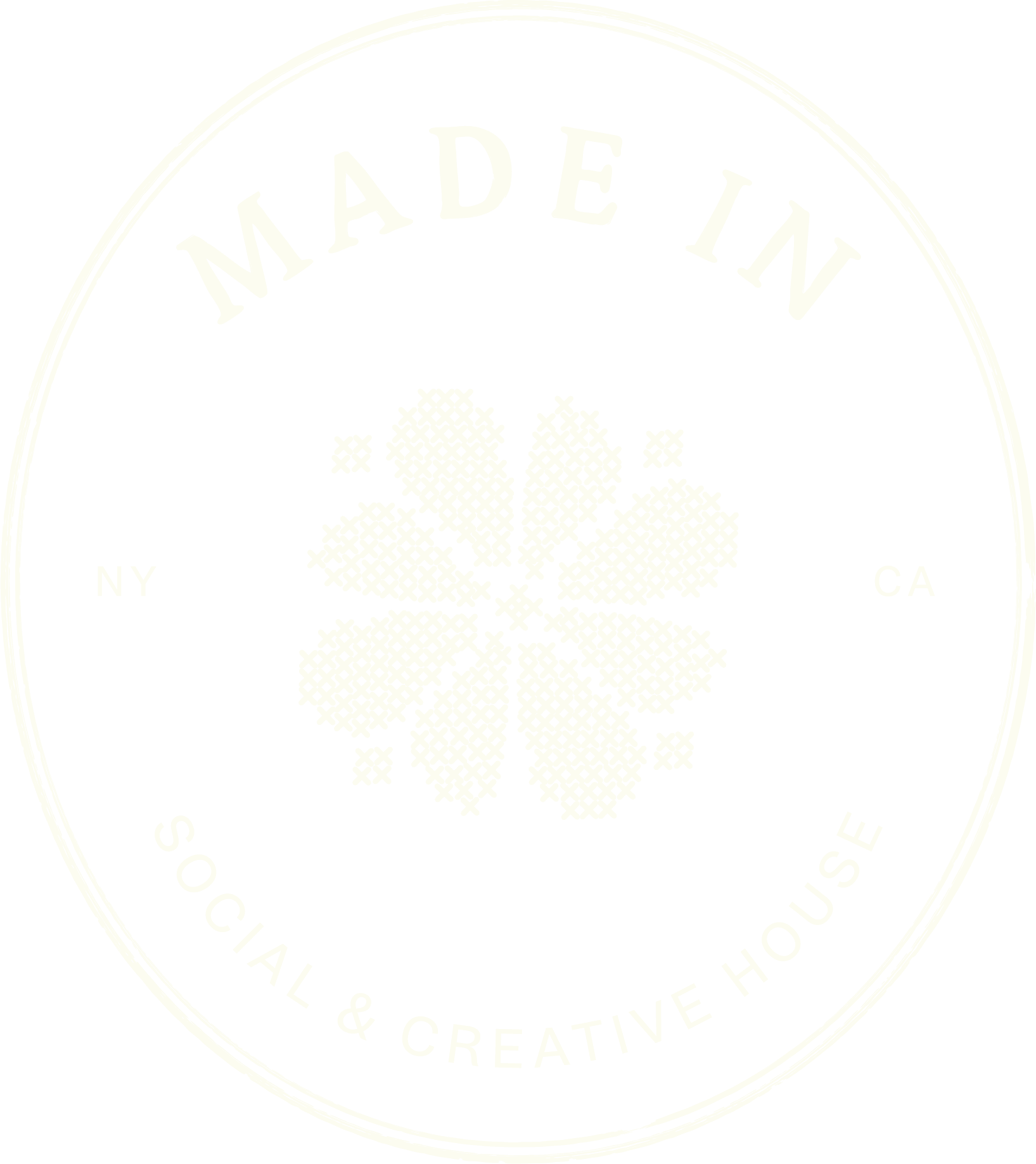 Black and white circular emblem with text 'Made in', 'NY', 'CA', and 'Social & Creative House'. Center features a white, stylized four-leaf clover or flower with cross-hatch pattern.