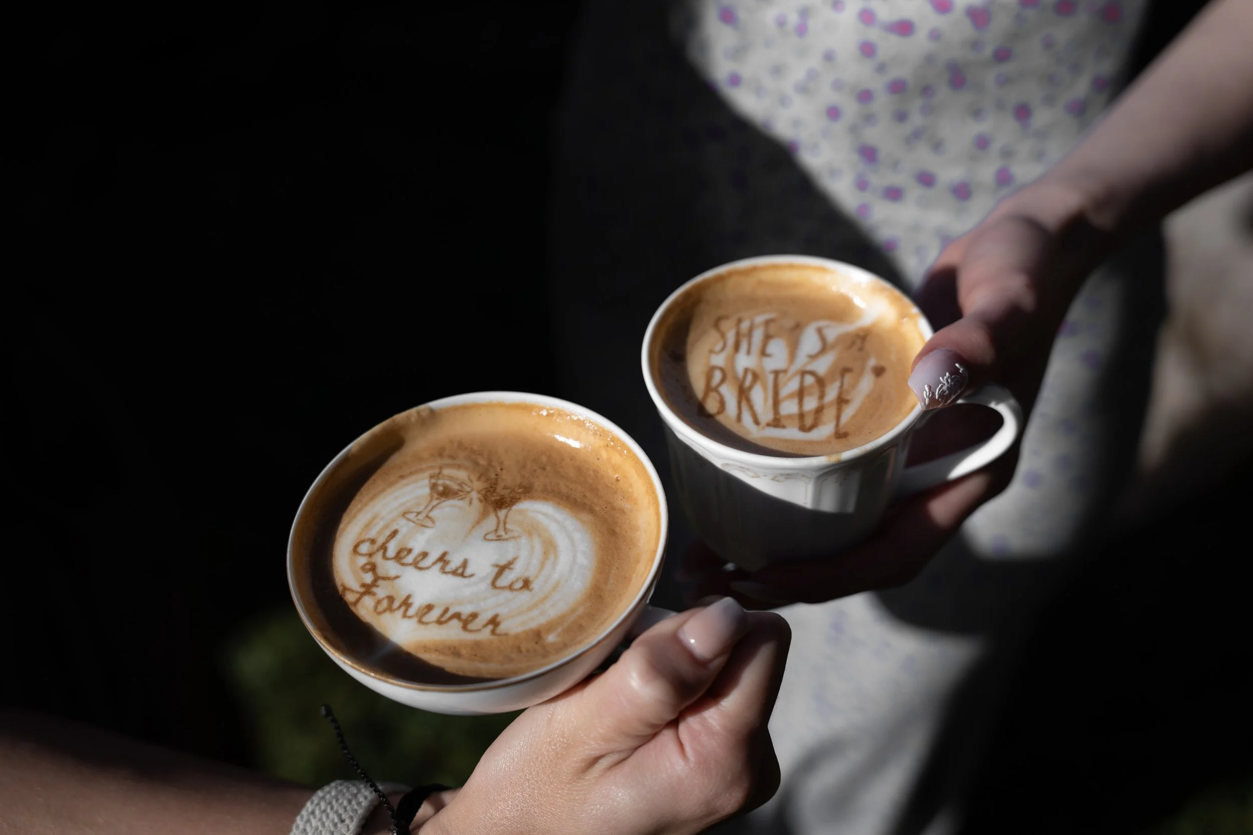 Lattes with latte art and printed logos from a philadelphia wedding coffee cart