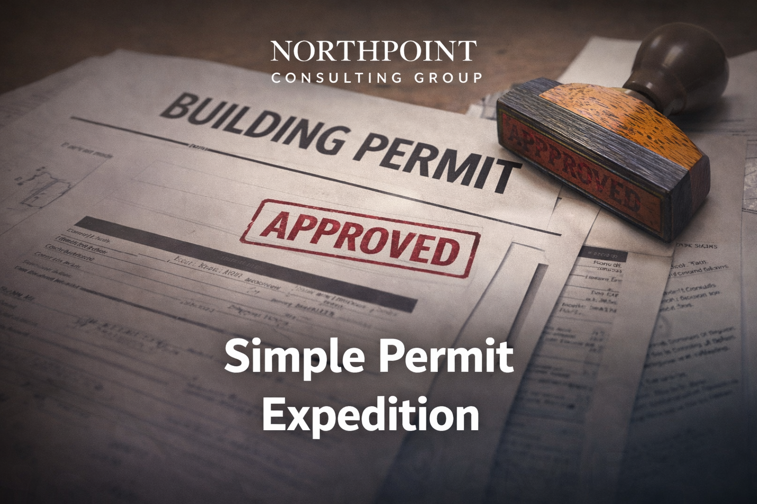 A building permit document with a red "Approved" stamp, a rubber stamp labeled "Approved," and additional papers underneath, indicating a simple permit expedition process.