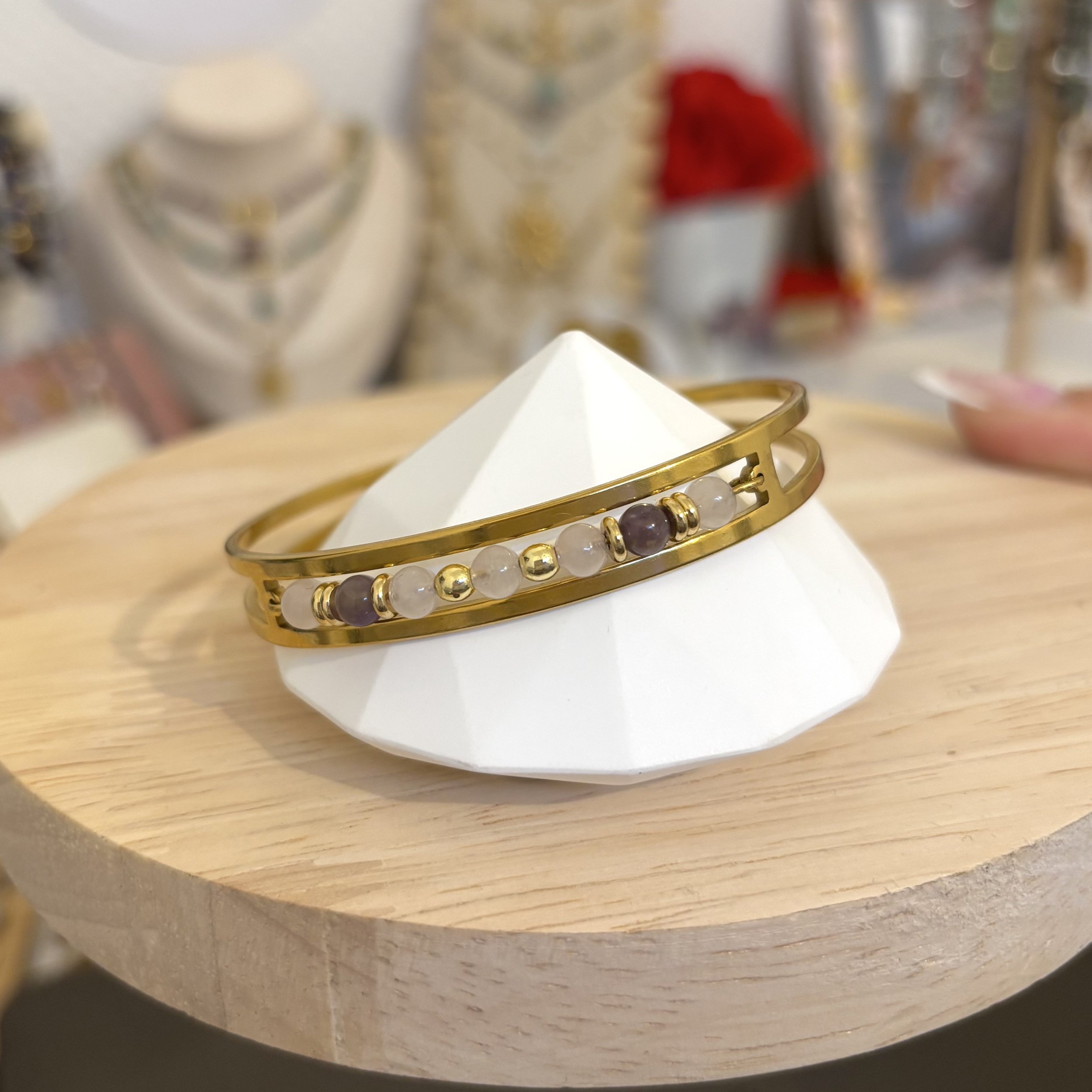 Bracelet jonc - Quartz rose et Améthyste