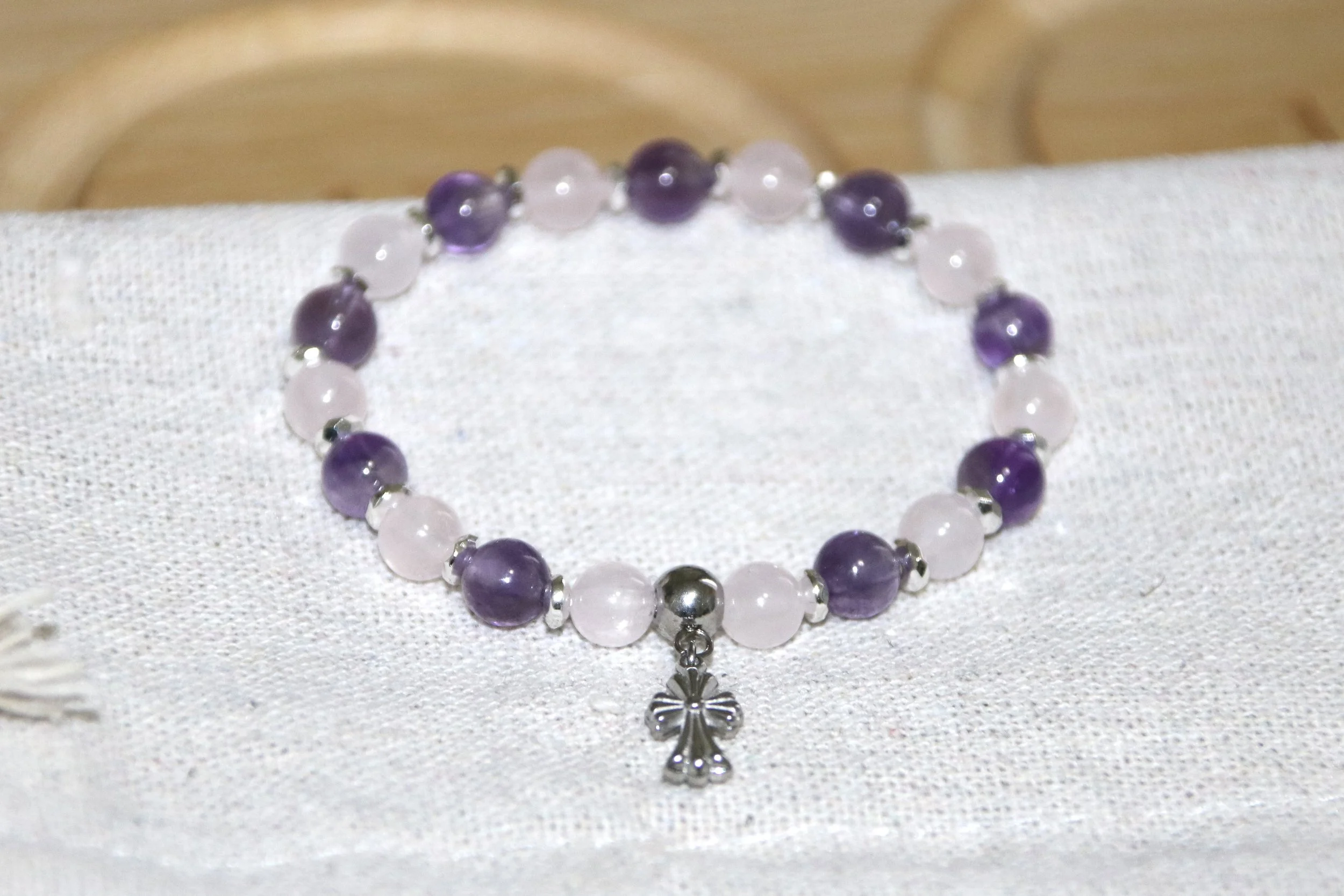 Quartz rose, améthyste et hématite argenté