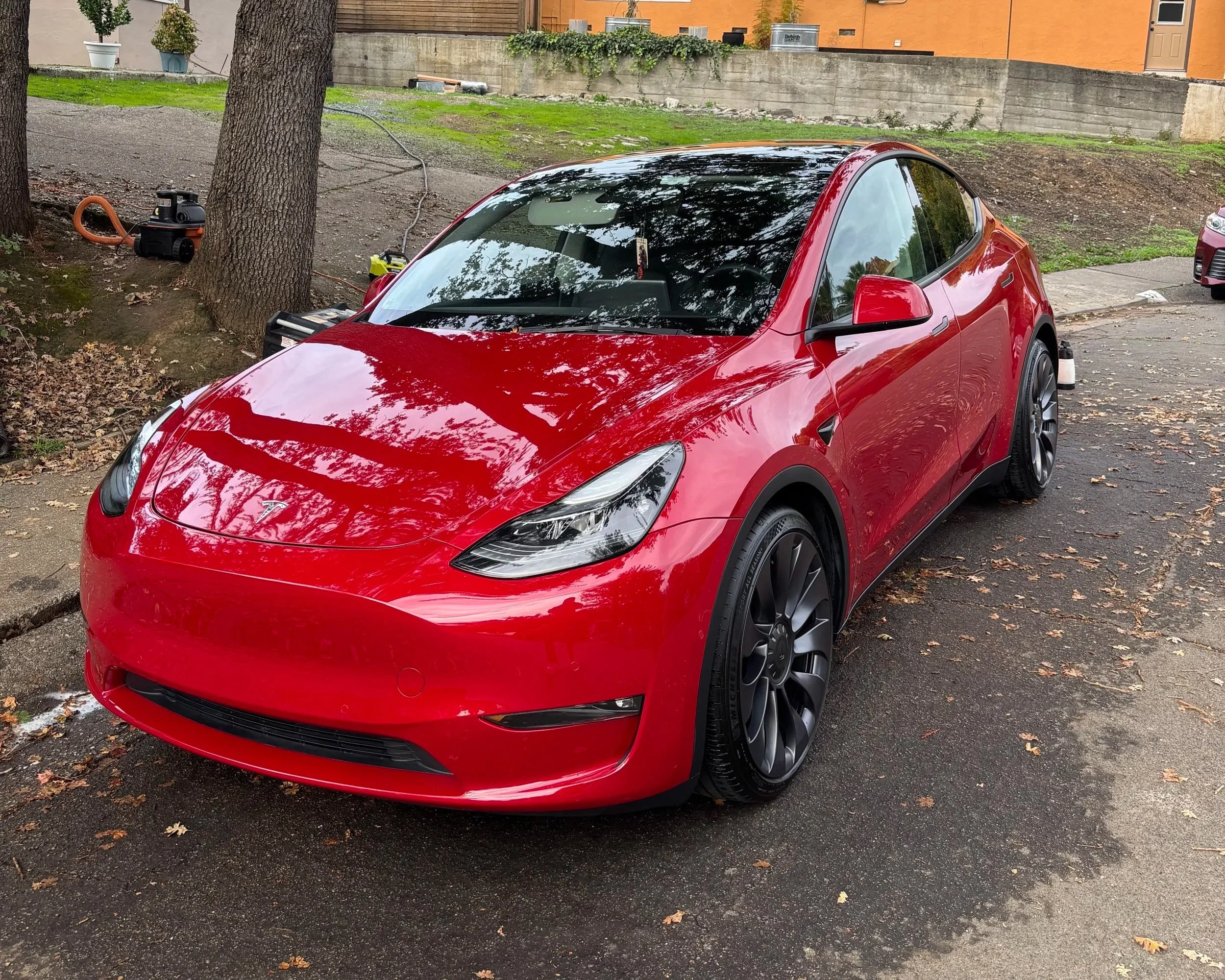 Red Tesla Model 3 electric car parked on a street with fallen leaves, trees, and residential buildings in the background.