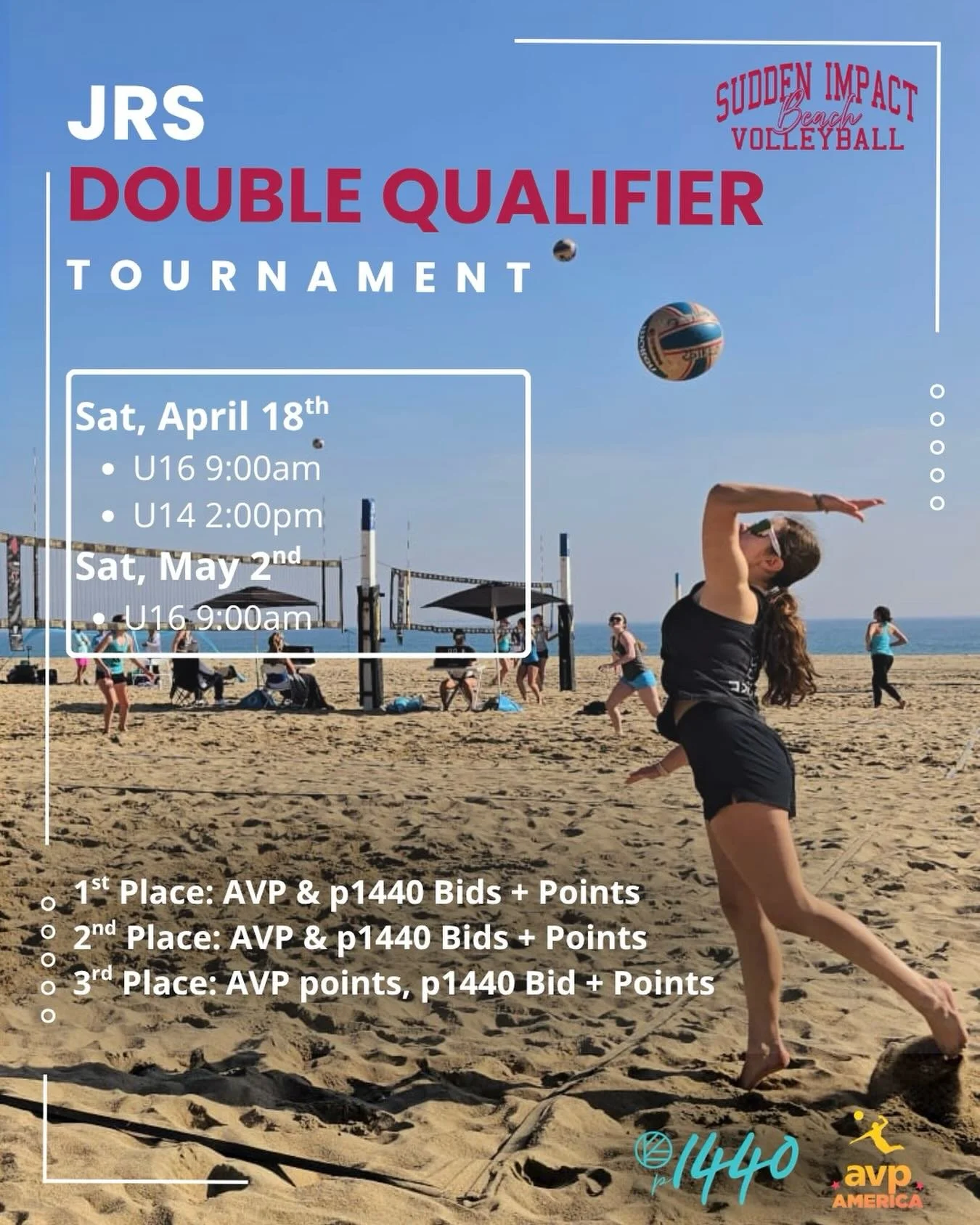 Save the date! Jrs Double Qualifier @ SIVBC Beach 
April 18th - U16 &amp; U14 
May 2nd - U16 
🔗 in bio to register