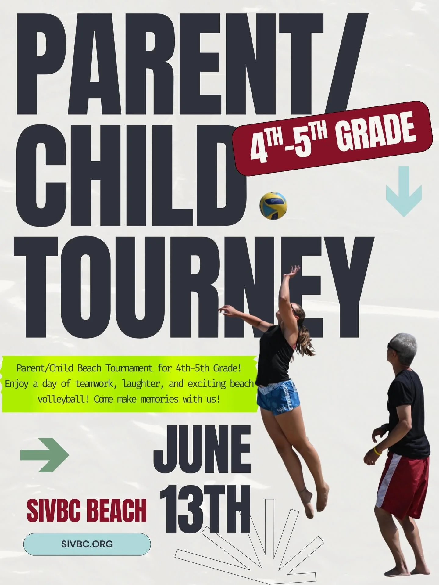 parent/ child beach volleyball tournament for 4th-5th grade!! 
grab your kiddo and we&rsquo;ll see you there! can&rsquo;t wait to see some dynamic duos in the sand 🏝️

🔗 to register in bio