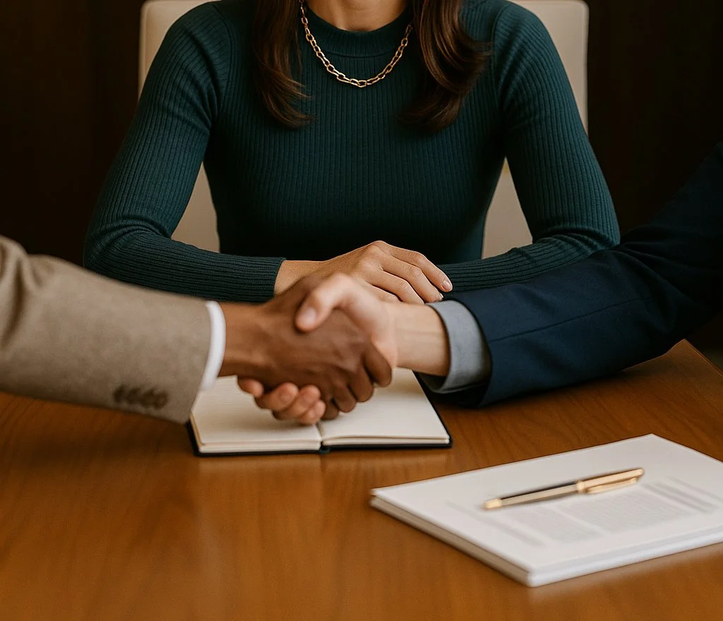 Attorney and mediator shaking hands during mediation session in Houston