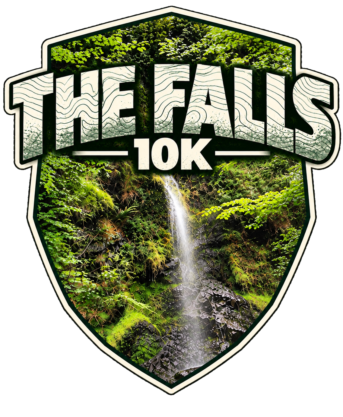 A badge with the text 'The Falls 10K' and an image of a lush green forest with a waterfall.