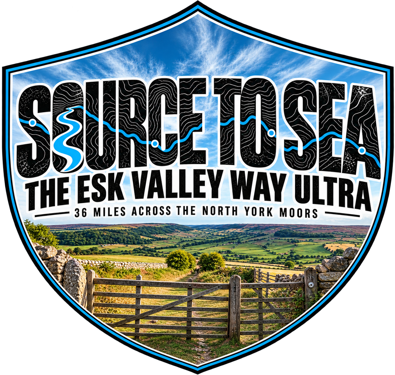 A scenic view of rolling green fields and countryside with a blue sky and clouds, framed within a badge that reads 'Soche Tosea, the Esk Valley Way Ultra, 36 miles across the North York Moors'