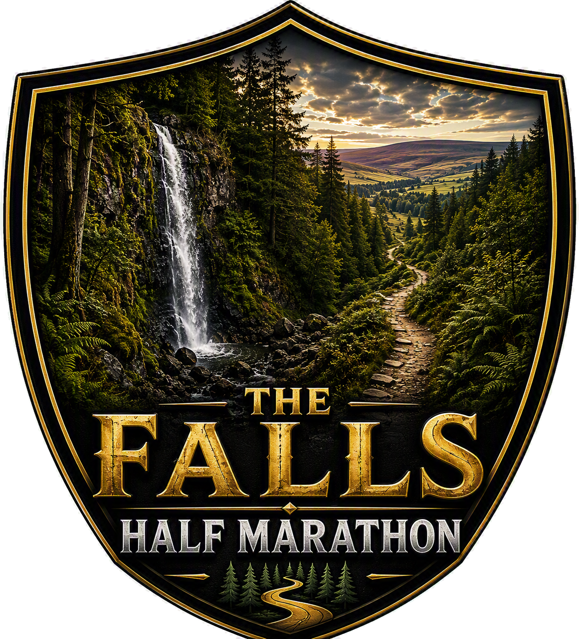 A scenic landscape featuring a waterfall flowing down a moss-covered cliff surrounded by dense forest, with a winding trail and rolling hills under a partly cloudy sky at sunset. Overlaid text reads 'The Falls Half Marathon'.