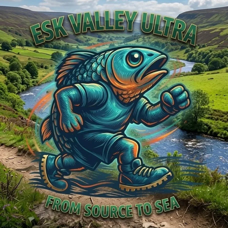 A wooden sign depicting a fish-headed person running with the text 'ESK VALLEY WAY ULTRA' above and below the figure.
