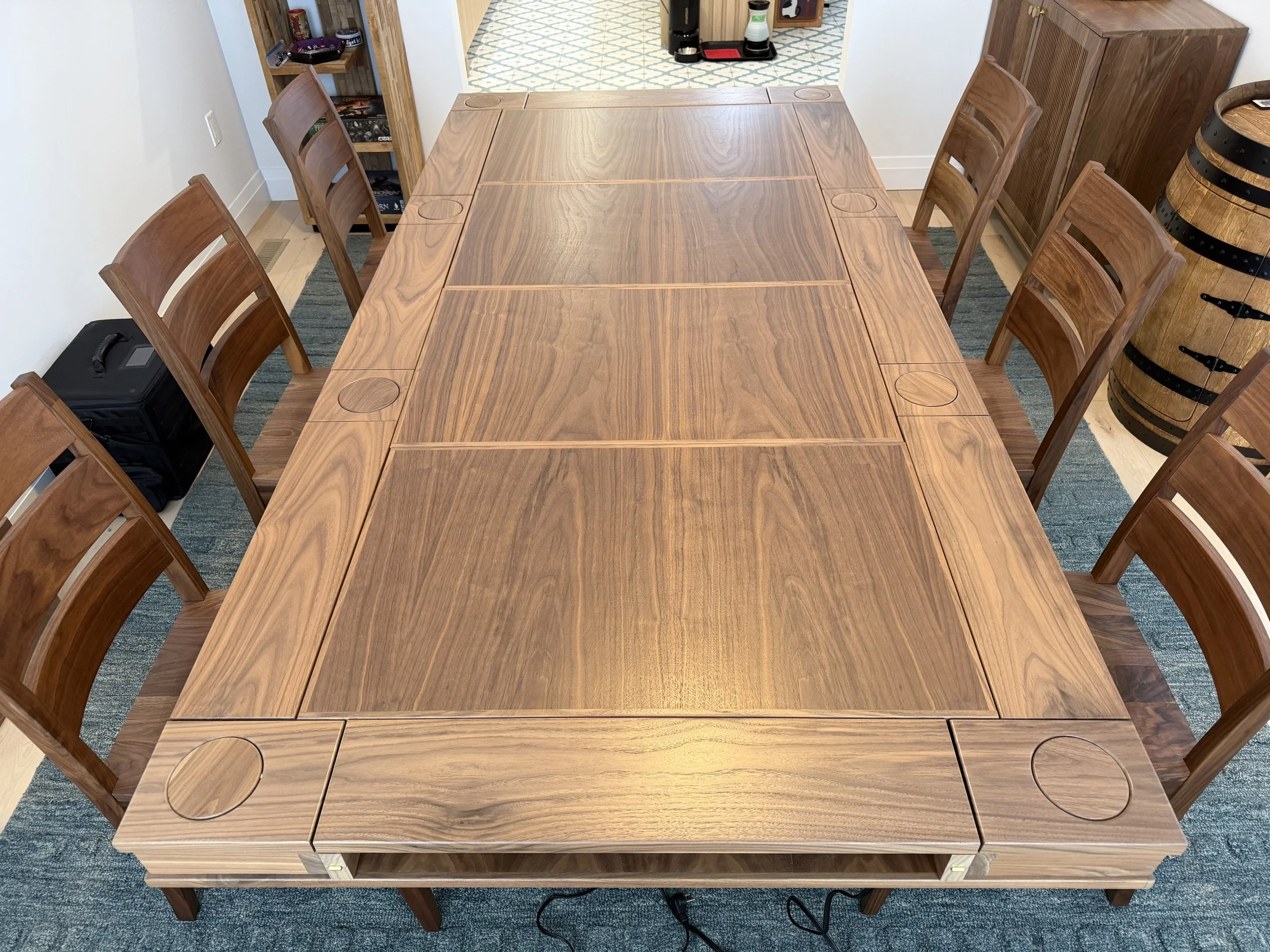 Top view of a player station board game table with inset toppers