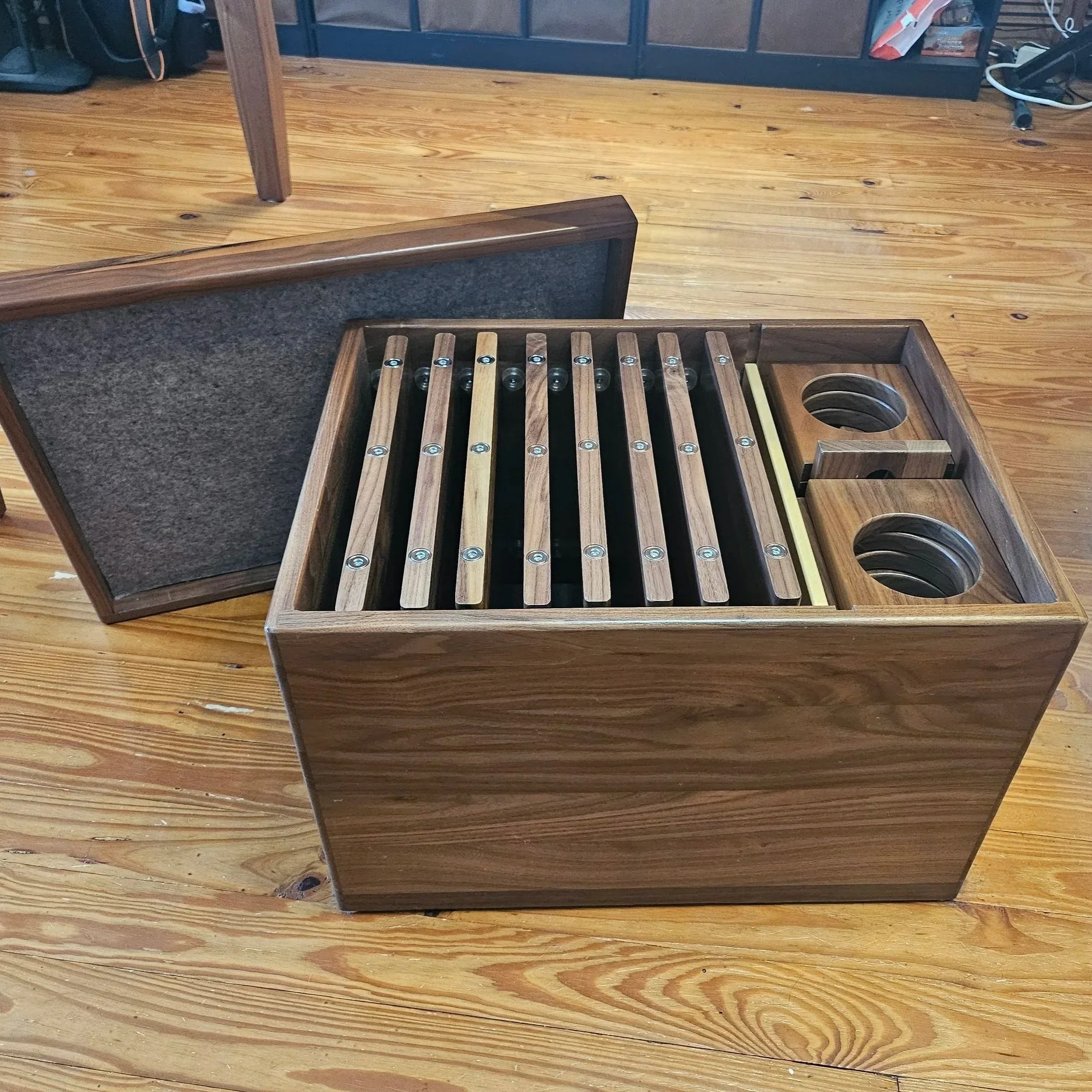 A full view of the game table accessory bin 