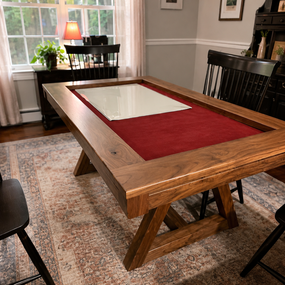 Corner view of a walnut game table with burgundy rolling mat and farmhouse base