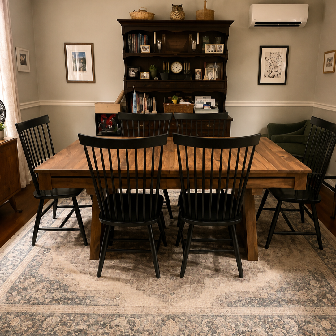 Side view of a walnut game table with black chairs surrounding it