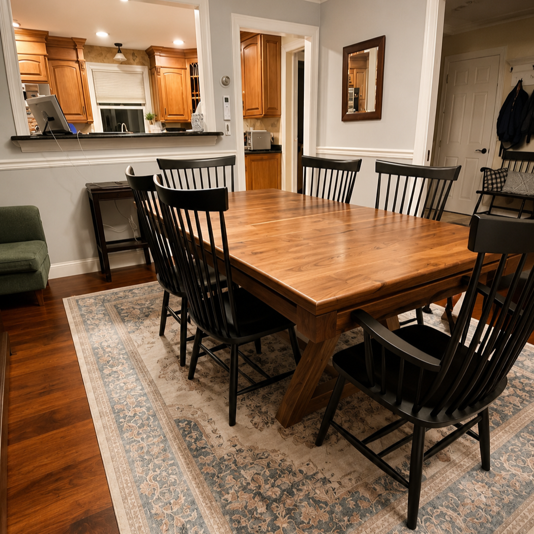 View from the corner of a walnut table with black chairs around it 