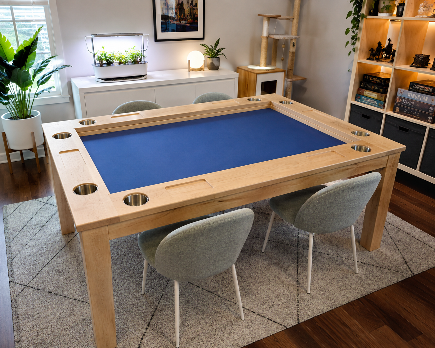 Full view shot of a maple game table with cup holders in a modern game room
