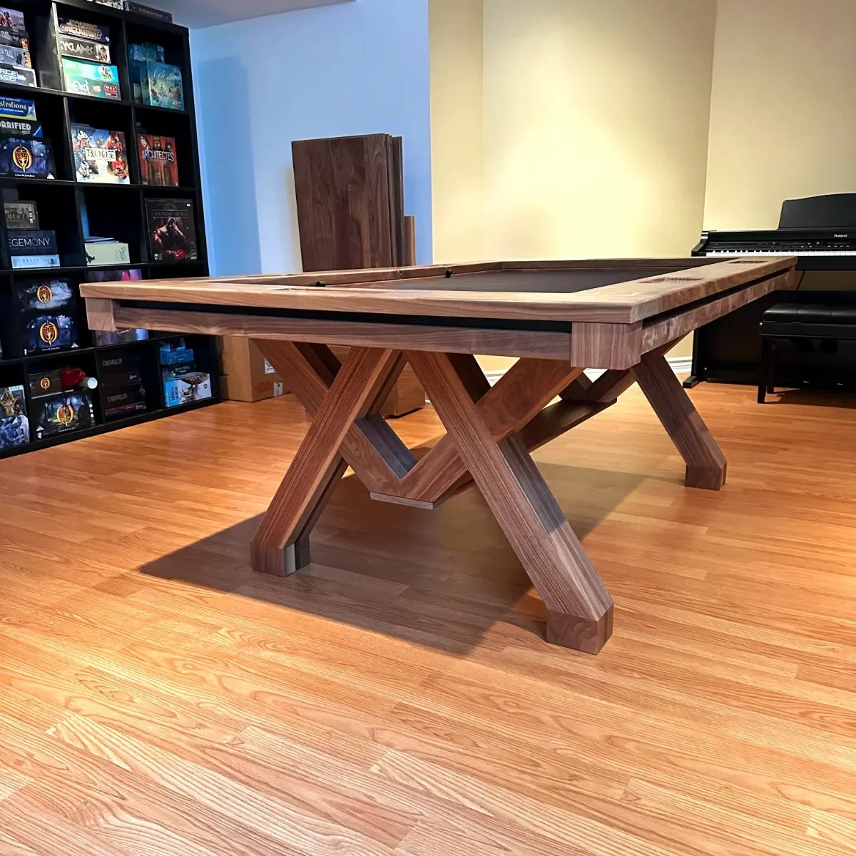 Low view of a the custom base on a high end board game table