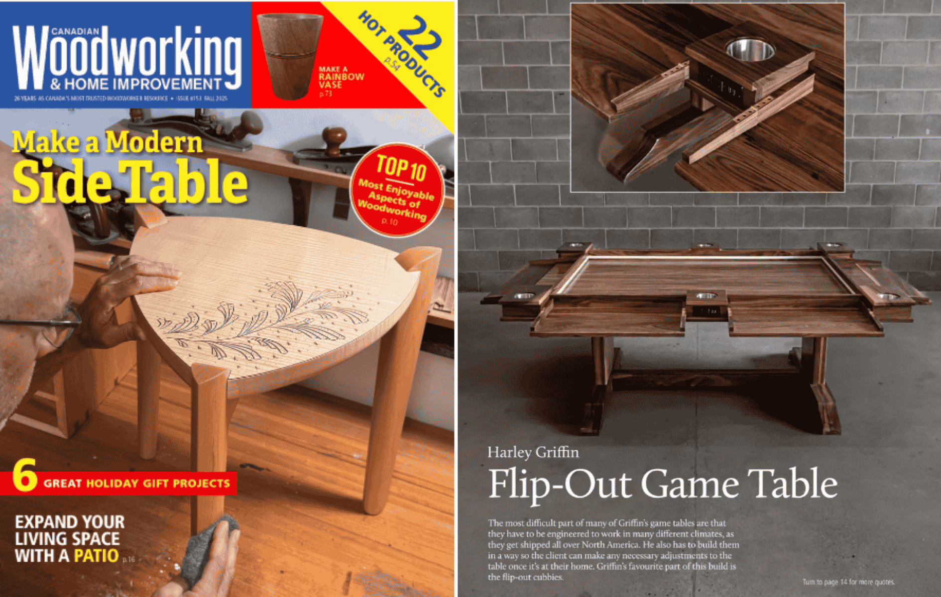 Magazine feature showing the front cover of Canadian woodworking and the back cover on the right side displaying a custom walnut game table with flip out player stations