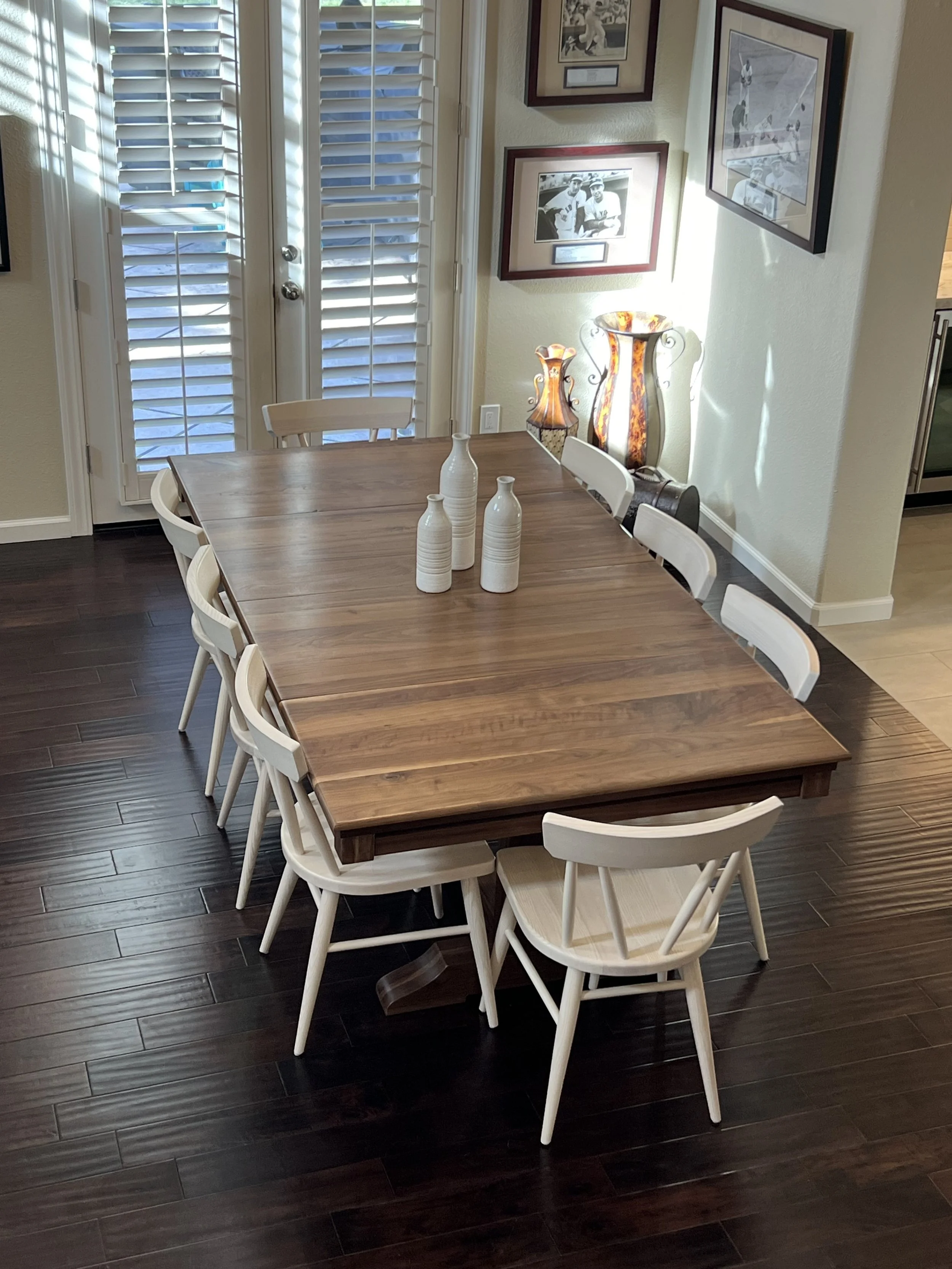 full image showcasing the removeable dining toppers on a Stone Mountain Projects walnut board game table