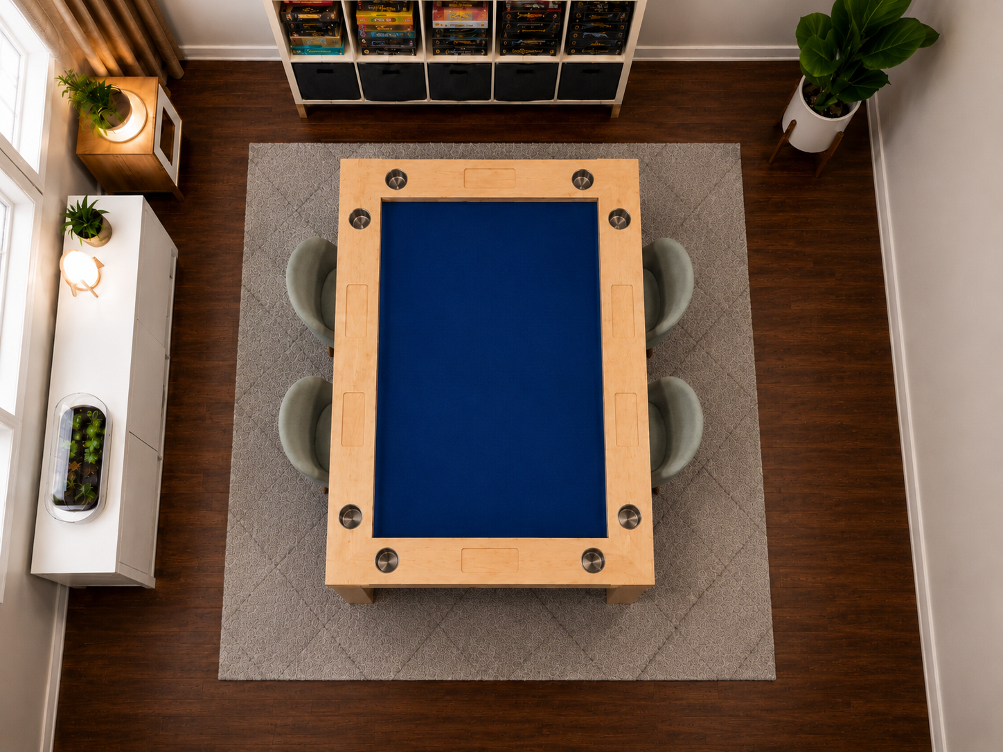 Overhead view showcasing the maple game table placed in the center of a bright modern game room
