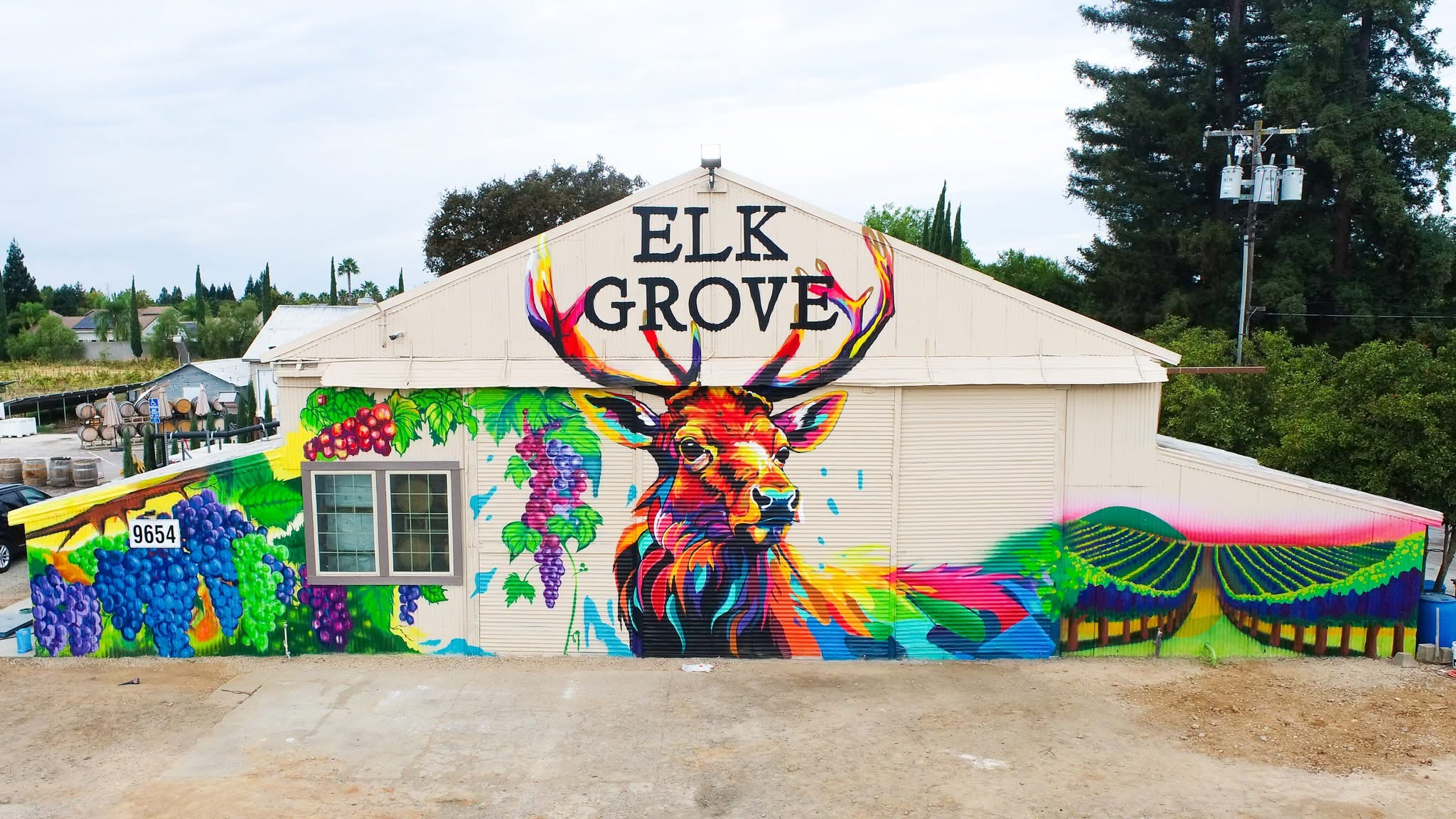 The Elk mural painted on the Bartholomew Barn, a bold symbol of place and community that reflects Christopher Cellars’ deep roots in Elk Grove.