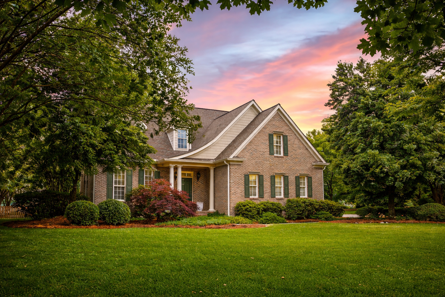 A brick house with green shutters, a covered front porch, surrounded by well-maintained shrubbery and tall trees, under a colorful sunset sky.