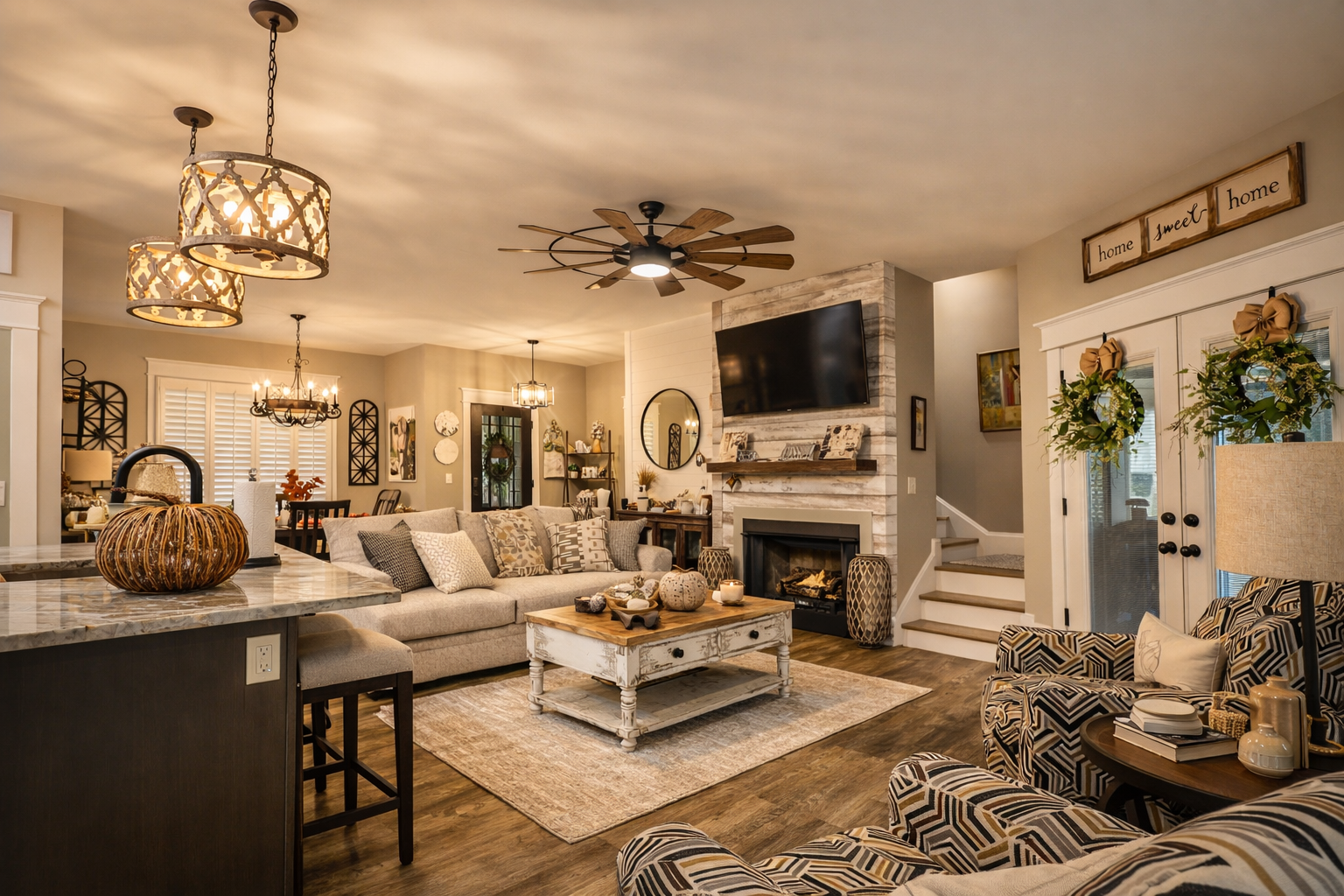 A cozy living room with a beige sofa, patterned armchair, coffee table decorated with candles and pumpkins, and a fireplace with a mounted TV above it. The room features warm lighting, wood accents, and decorative signs hanging above the glass doors.