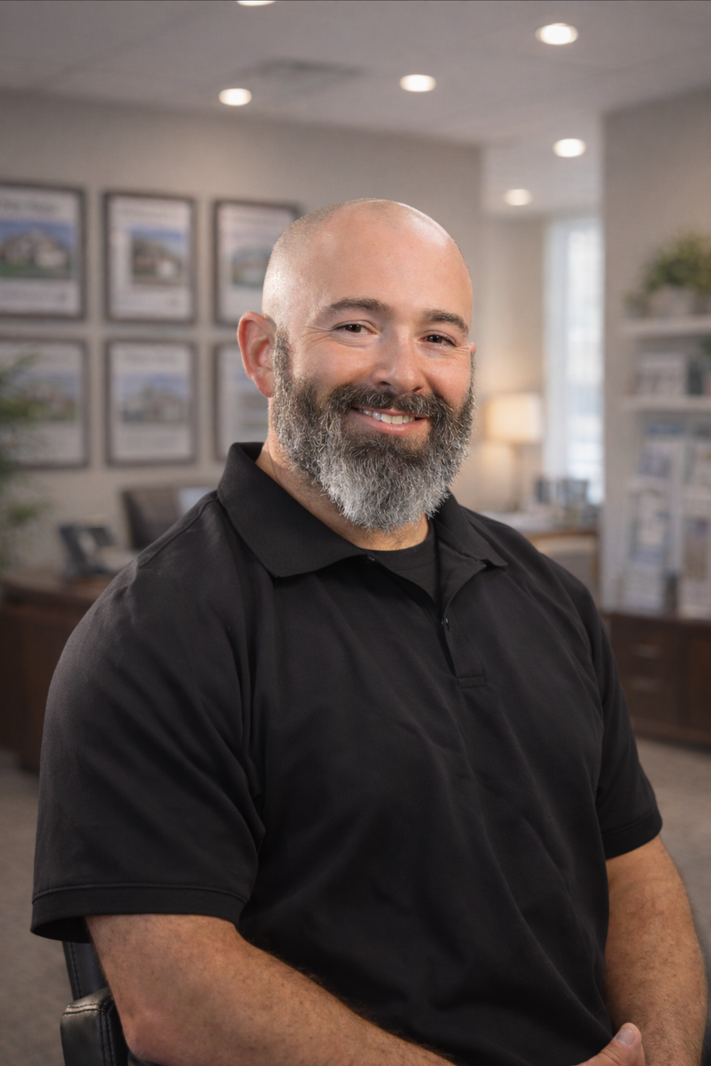 A smiling man with a beard and a shaved head, wearing a black polo shirt, sitting in an office with framed documents and pictures on the wall behind him.