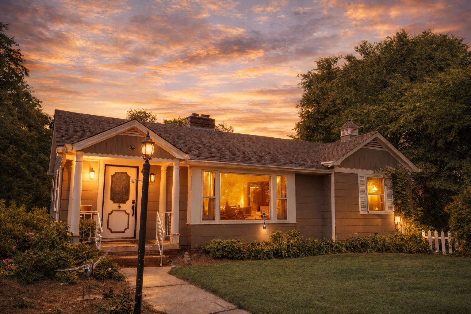 A cozy house during sunset with illuminated windows, a front porch with columns, and a garden with flowers and a lamp post.