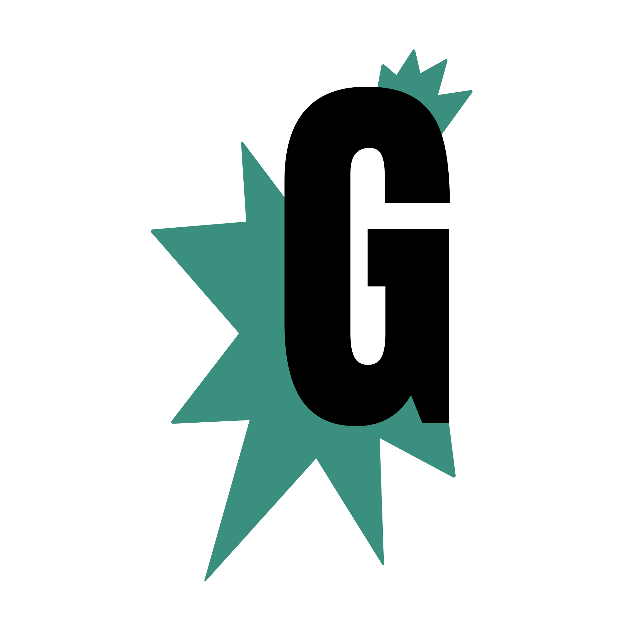 A stylized black number six with teal star-like shapes emerging from behind it.