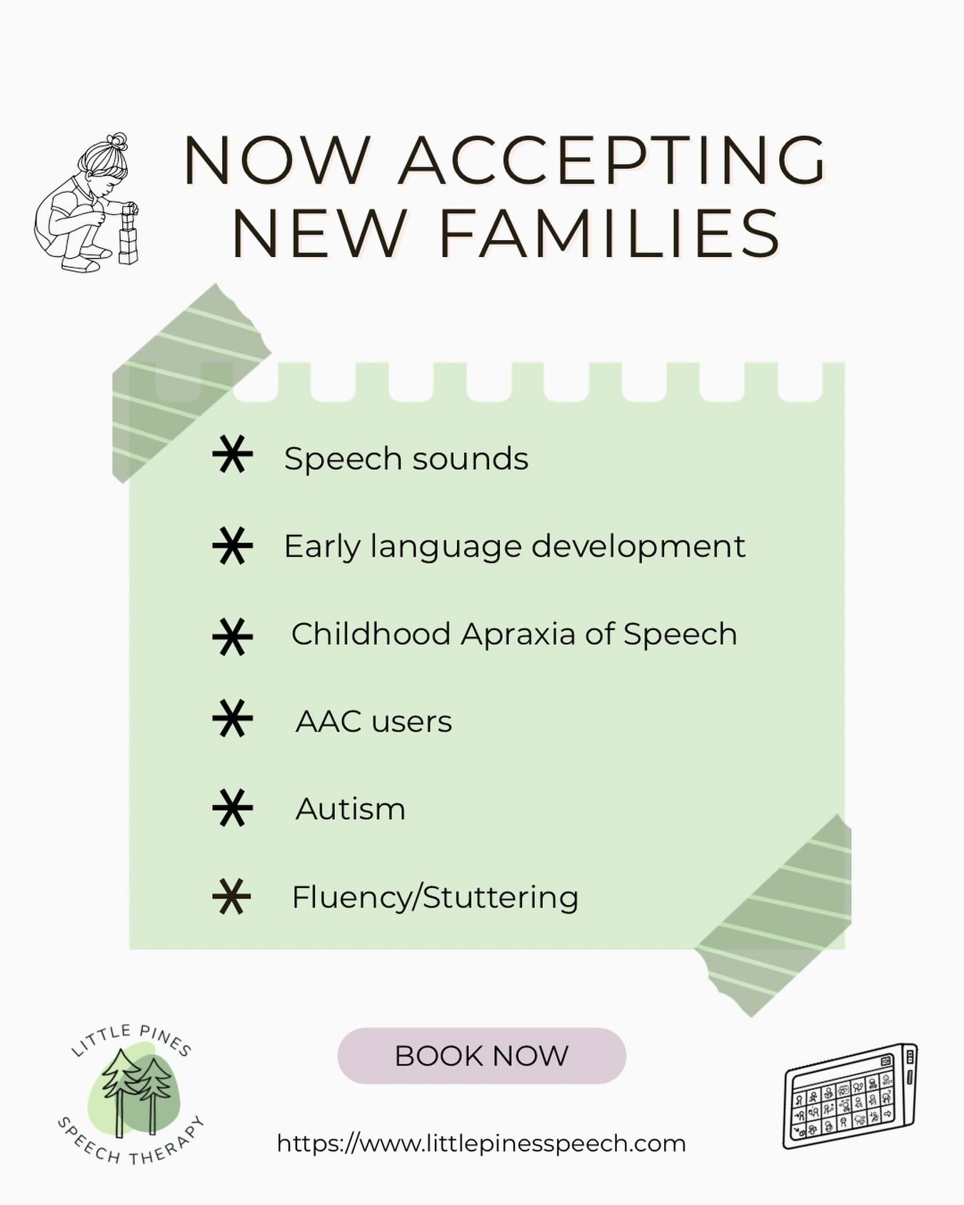 ✨ Now Accepting New Families ✨

Little Pines Speech Therapy is officially open, and we&rsquo;re excited to begin supporting new families!

🌐 Our website is now LIVE
🗓️ Limited openings available
💳 Currently accepting OHP and out-of-pocket payment
