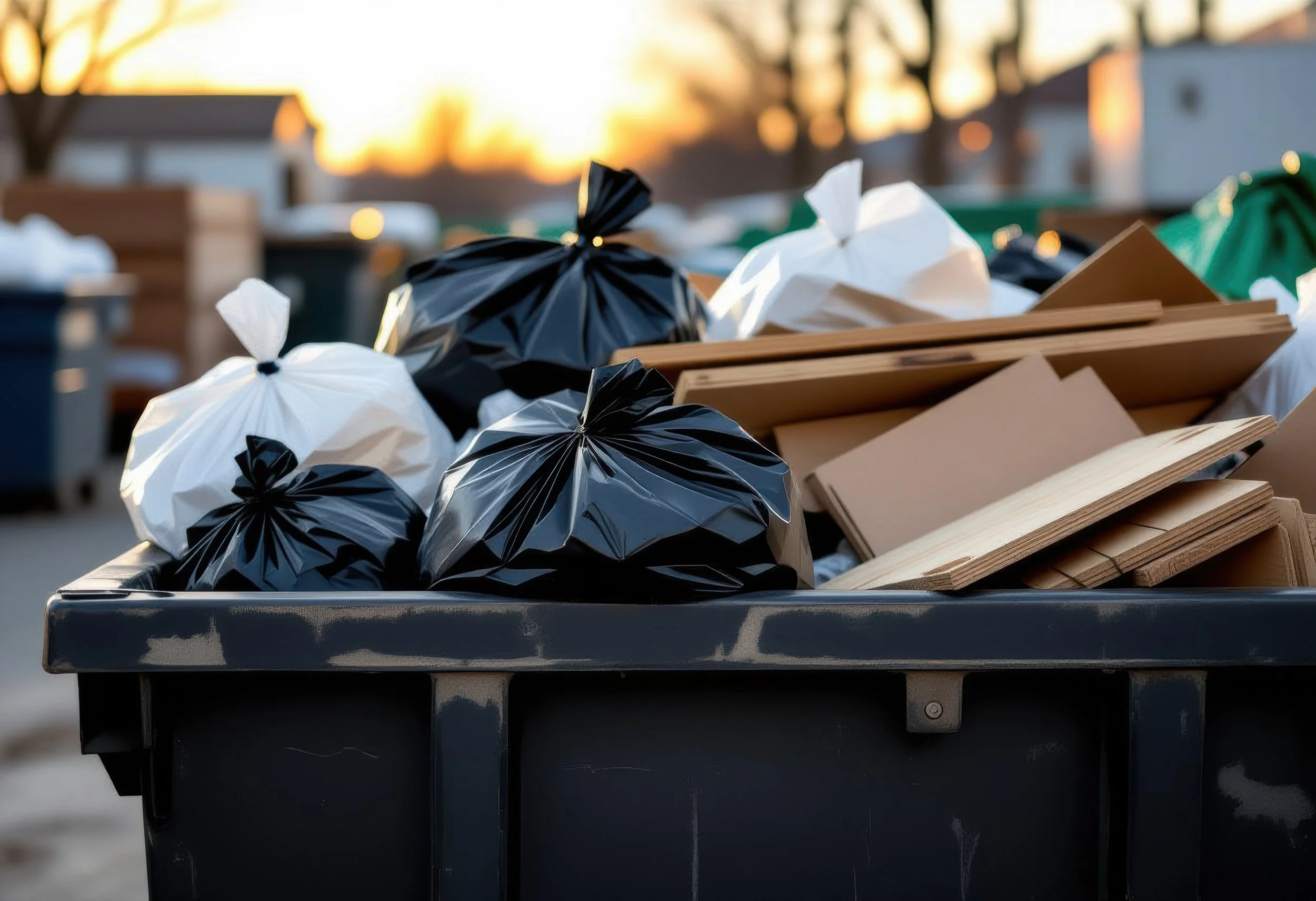 A large black trash bin filled with black and white garbage bags and flattened cardboard boxes, with a sunset or sunrise in the background.
