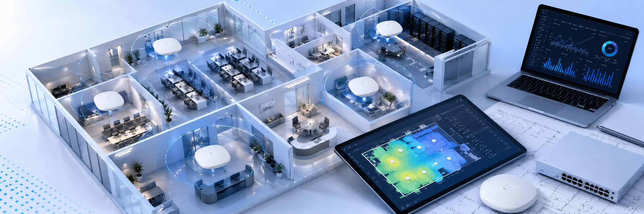 Modelo en miniatura de un edificio de oficinas inteligente con puntos de acceso wifi y dispositivos tecnológicos conectados en un ambiente de oficina moderna, con pantallas mostrando gráficos y datos.