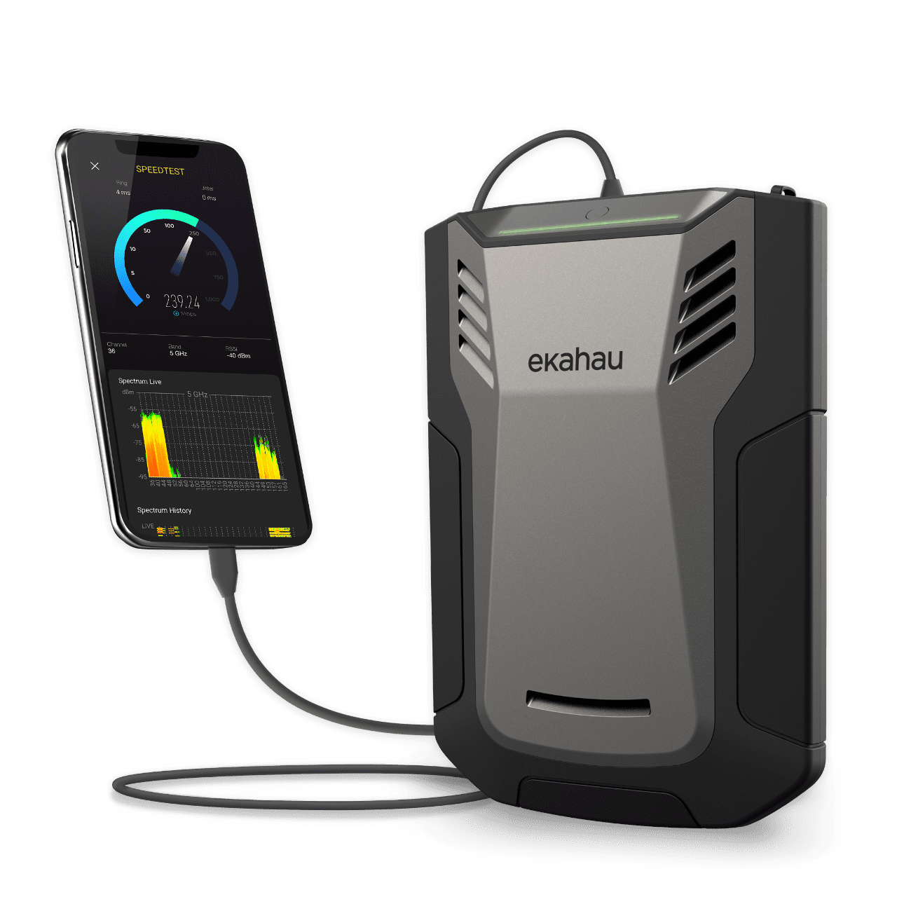 Dispositivo de medición de espectro inalámbrico portátil de color gris con marca 'ekahau' conectado a un teléfono inteligente que muestra un test de velocidad y gráficos de espectro en una pantalla.