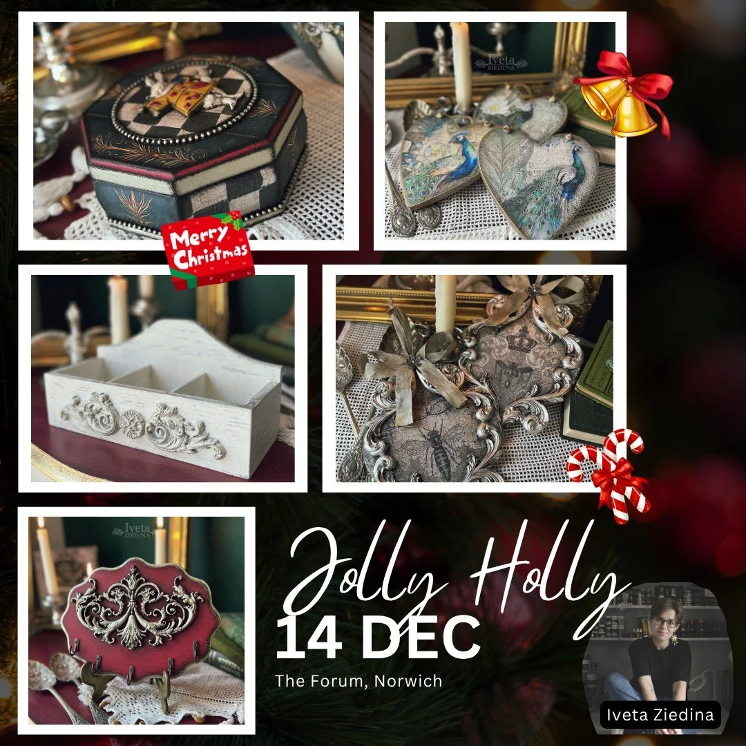 ✨ Vendor Spotlight: Iveta Ziedina ✨

We&rsquo;re thrilled to welcome @ivetaziedinaart to the Jolly Holly Workshops &amp; Fair at The Forum, Norwich! She crafts beautifully layered mixed-media home d&eacute;cor pieces, think decoupage boxes, vintage-s