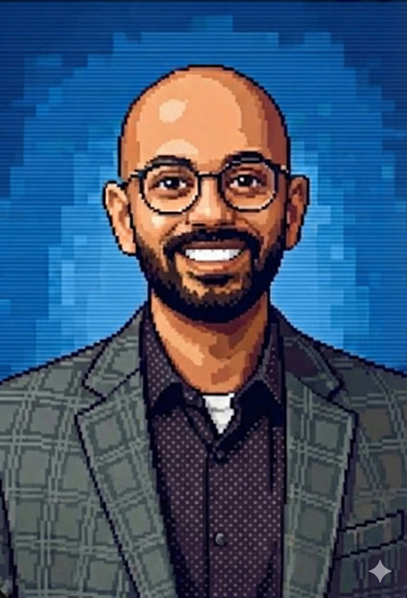 Digital illustration of a smiling man with glasses, beard, wearing a checked blazer and a polka-dot shirt, against a blue background.