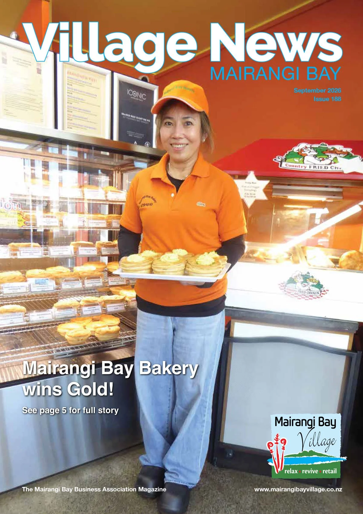 Magazine cover featuring Tina at Mairangi Bay Bakery with their Gold Award winning pies