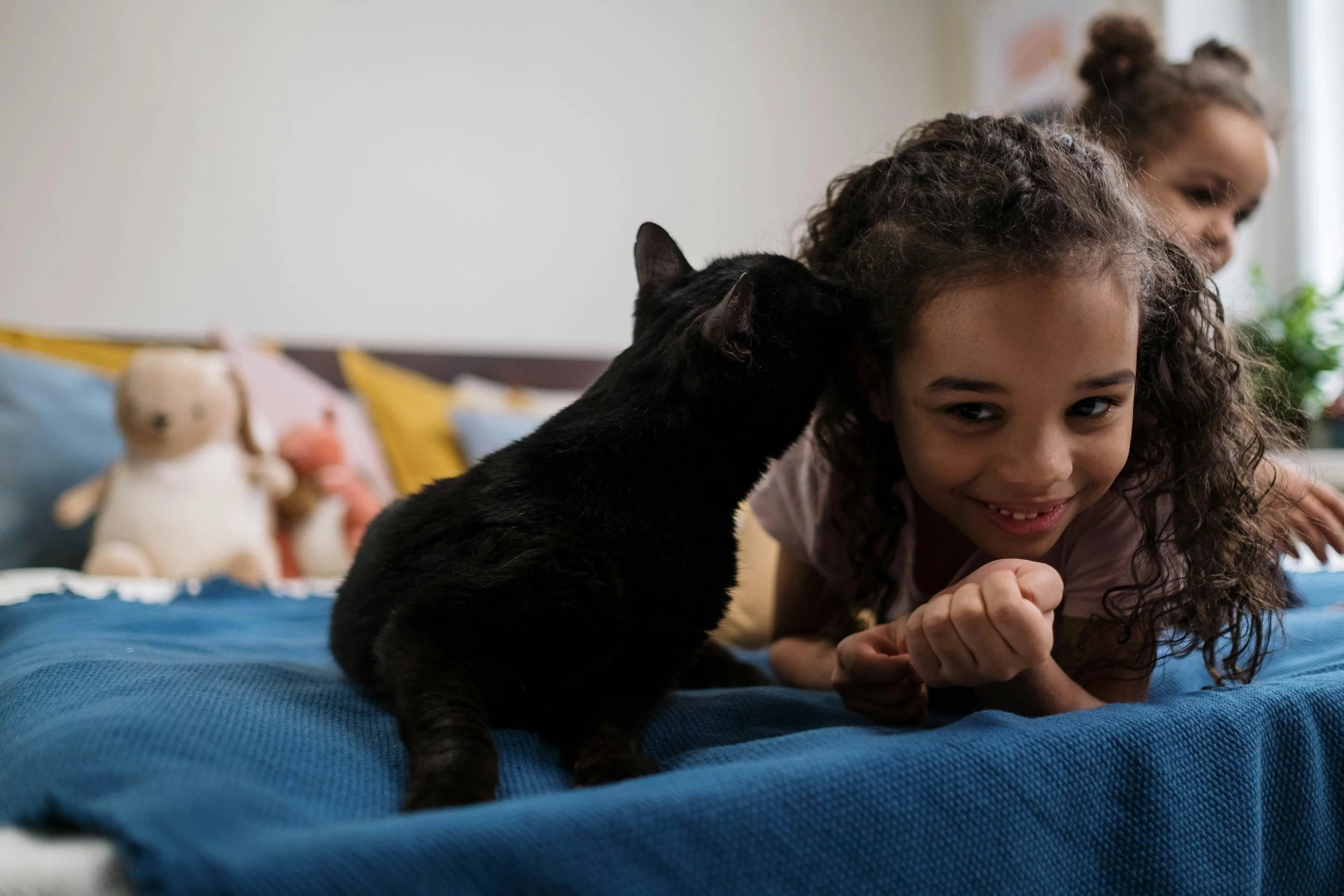 Two young girls and a black cat on a bed, with toys in the background.