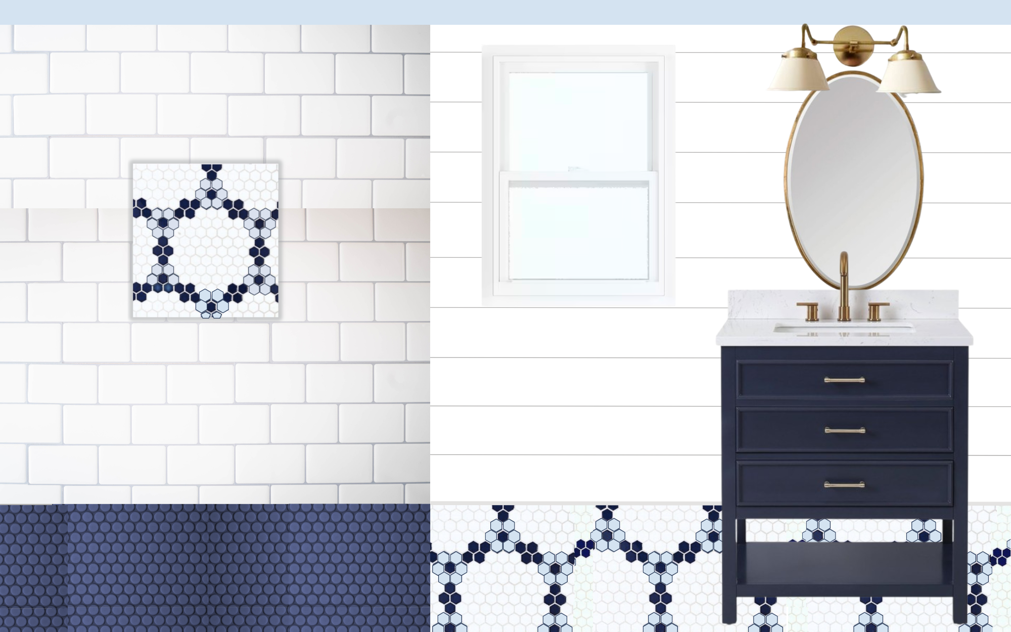 Guest bathroom mockup | Tile samples, vanity, fixtures, wall treatment