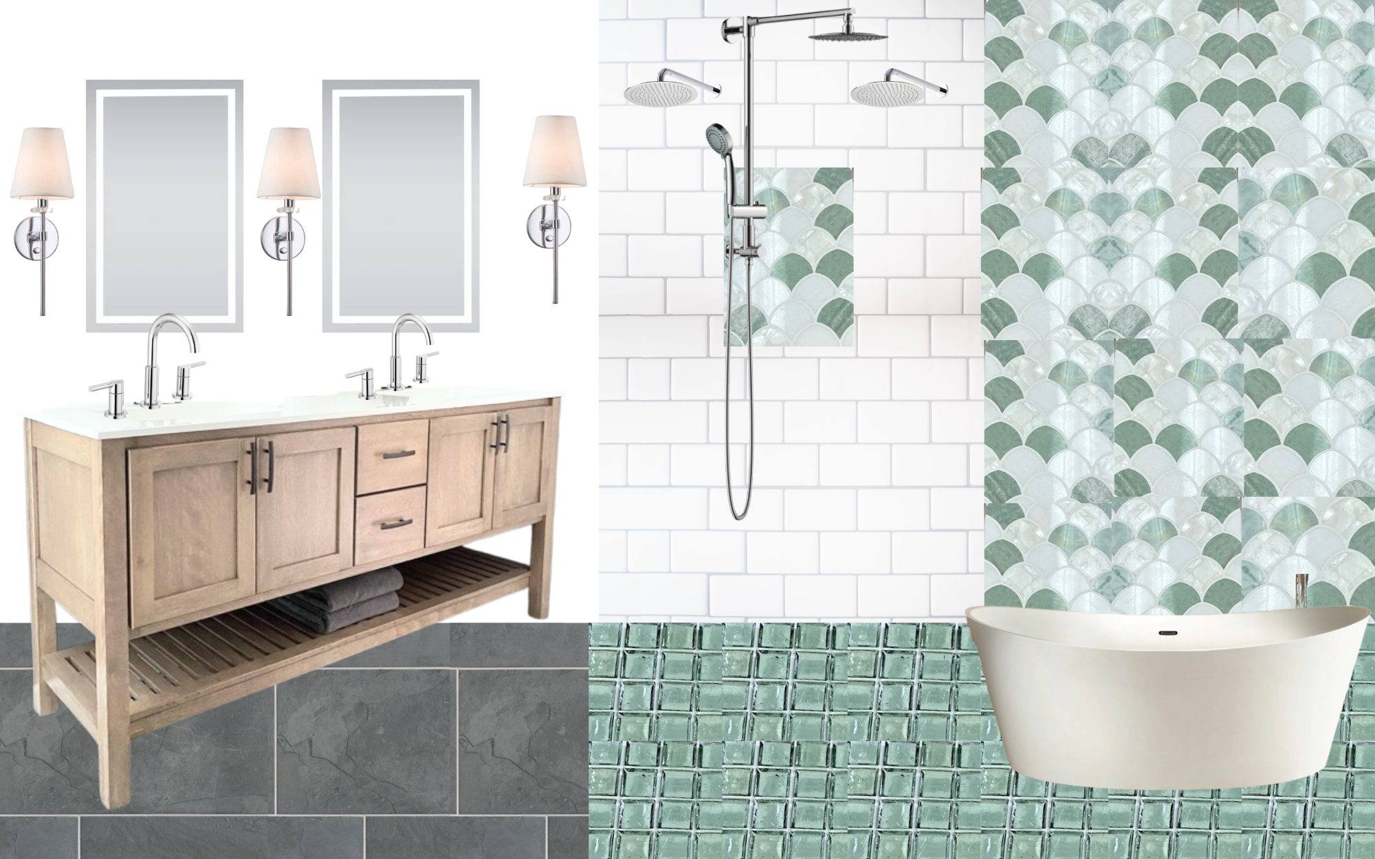 Primary bathroom & wetroom mockup | Tile samples, vanity, fixtures