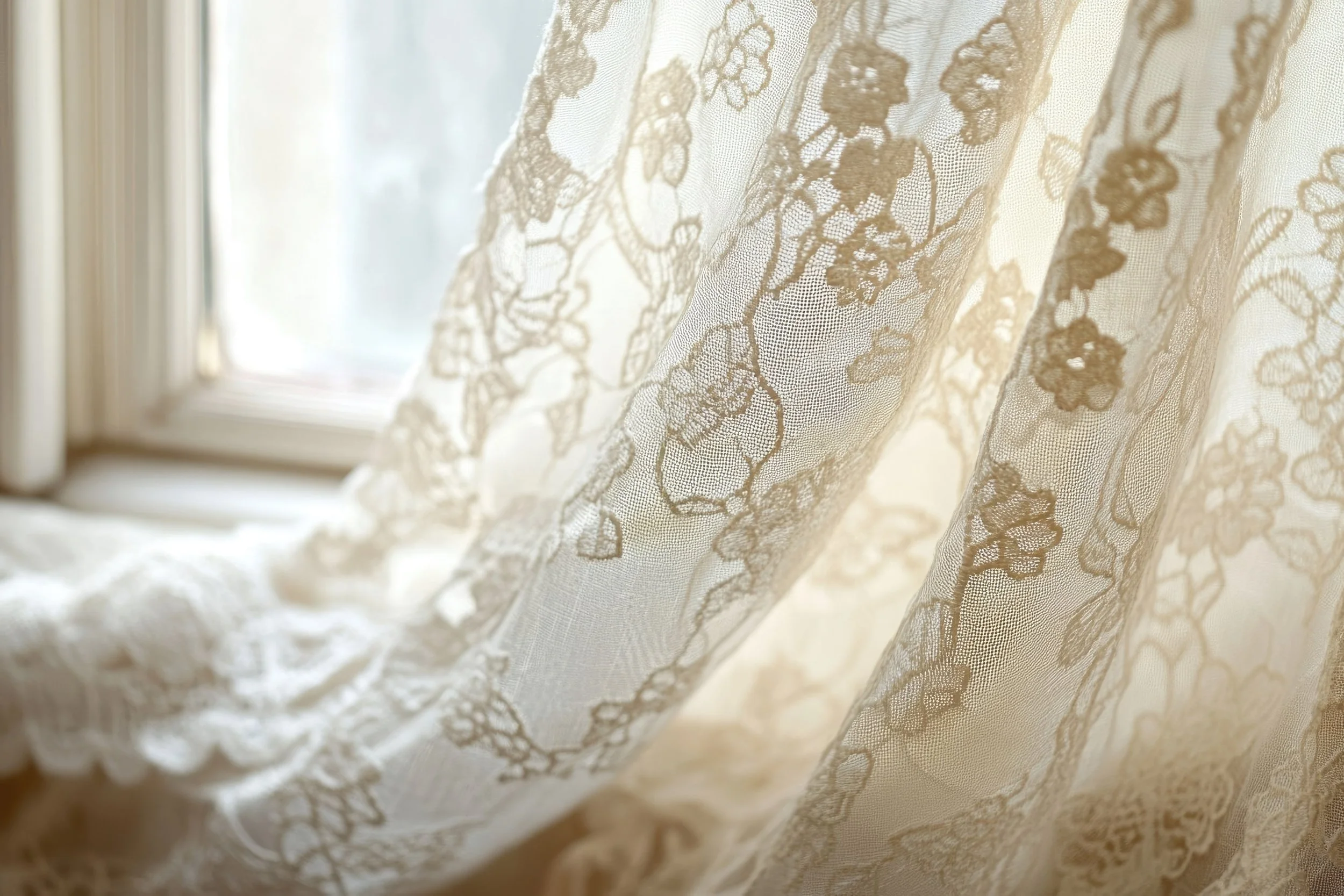 Close-up of a lace curtain with floral patterns, sunlight shining through a window. Highlighting luxury details and heritage living.  Showing an appreciation for soft beauty and slow living and textures of heirloom quality.