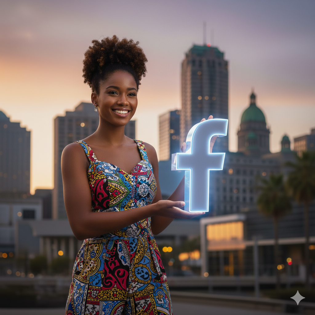 woman holding a Facebook logo with the Winnipeg skyline in the background