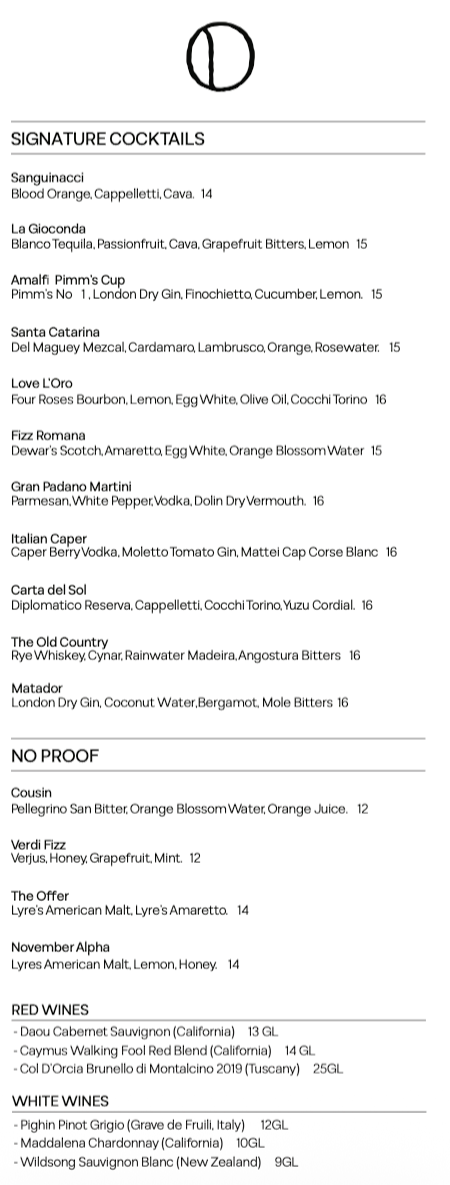 A cocktail menu listing various drinks including Sanguinacci, La Gioconda, Amalfi Pimm's Cup, Santa Catarina, Love L'Oro, Fizz Romana, Gran Padano Martini, Italian Caper, Carta del Sol, The Old Country, Matador, Cousin, Verdi Fizz, The Offer, November Alpha, with sections for red and white wines, and no proof options.