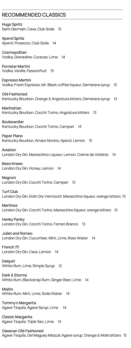 A cocktail menu listing various classic drinks with ingredients and prices.