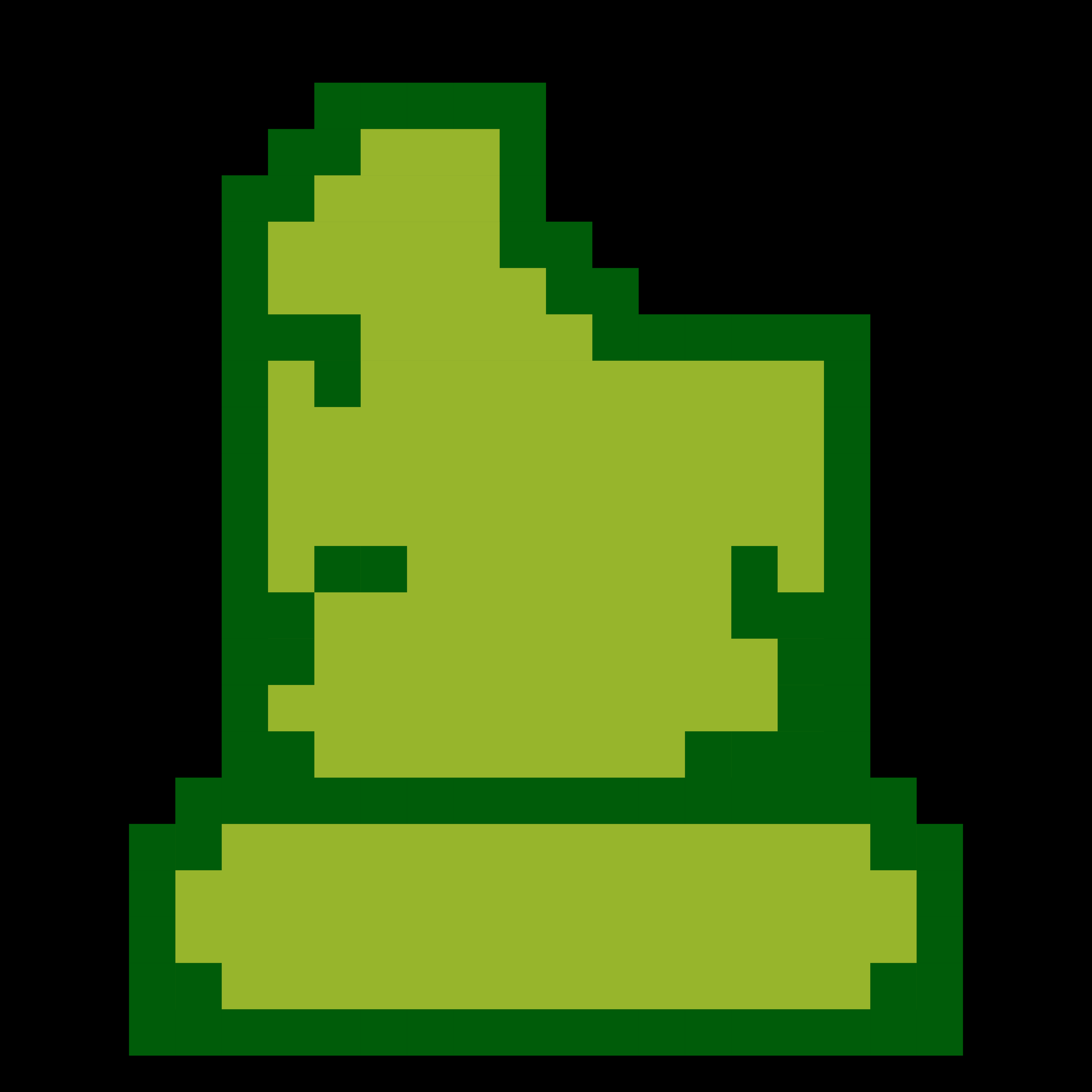 Pixelated green character resembling a statue or creature on a black background.