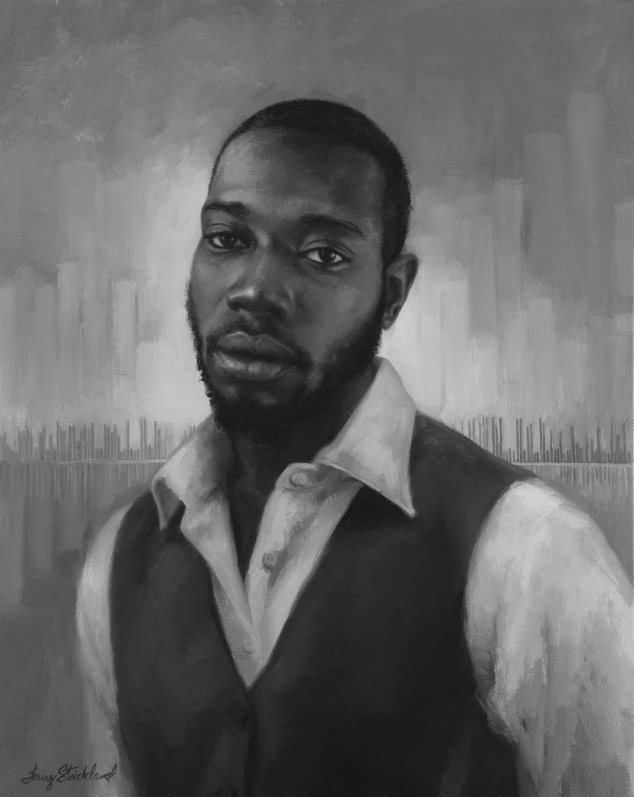 Smiling woman with shoulder-length black hair in a blue top, surrounded by green plants.