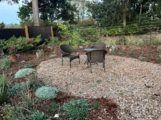 Native plant garden with a path and seating area