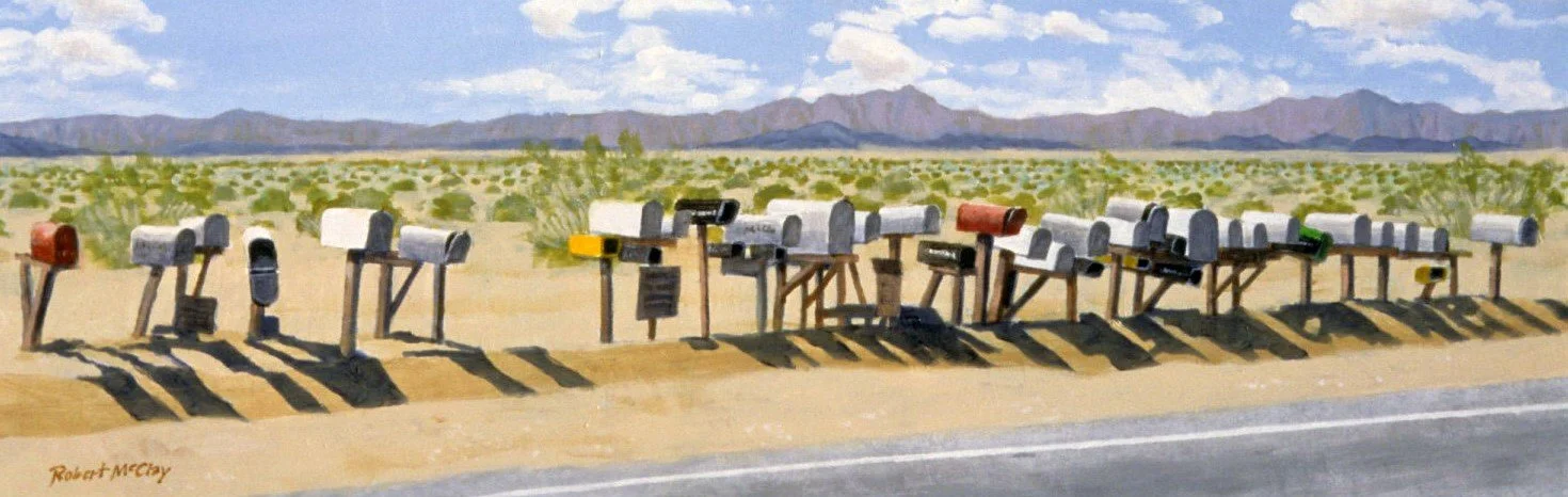 A painting of a row of various mailboxes along a desert roadside with mountains in the background.